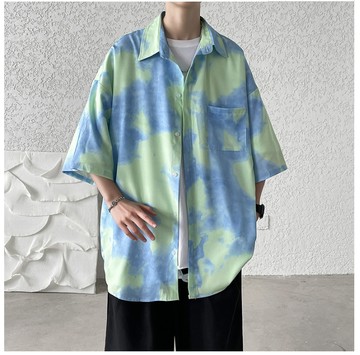 FINDSENSE X  男女襯衫休閑 寬鬆 五分袖襯衣潮牌印花短袖上衣