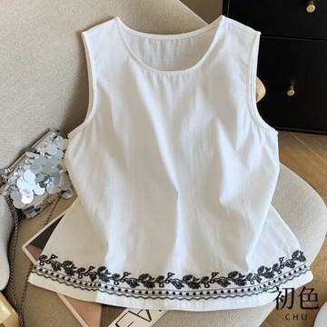 初色 棉麻風刺繡花邊涼爽輕薄寬鬆圓領背心女背心-共2色-13968(M-3XL可選)
