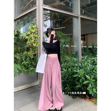 (免運)秋季穿搭韓系慵懶高腰顯瘦垂感寬松闊腿西裝休閑褲設計感寬松百搭