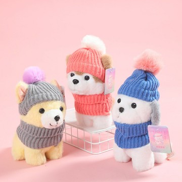 創意帶帽圍巾可愛狗毛絨玩具超萌冬季仿真小狗公仔布娃娃生日禮物