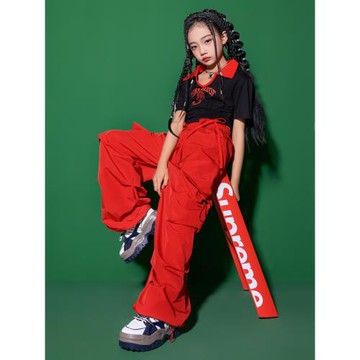 女童爵士舞服套裝兒童露臍上衣工裝褲走秀服女孩子嘻哈街舞表演服