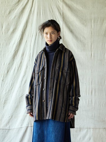 日系復古 羊毛混紡男裝襯衫 條紋襯衣