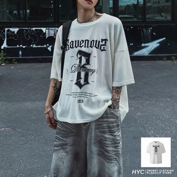 [HYC] 韓國 Bauenous 歌德字母 印花 男女 針織 寬版 五分袖 短袖 t恤 街頭風 上衣【18978】
