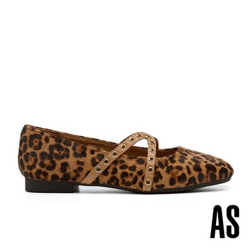 AS 懷舊時髦金屬繫帶豹紋馬毛低跟鞋－豹紋