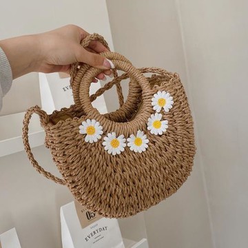 花朵草編包女斜挎百搭小清新沙灘度假編織迷你手提單肩包森系
