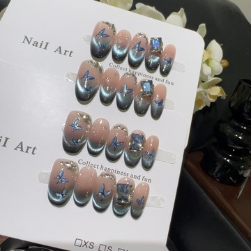 🌟Hannah🌟爆品來襲【幻藍蝶舞】漸變粉藍僊係美甲顯白百搭幻藍蝶舞流光鑽手工穿戴甲中款2026新款上新MJ11