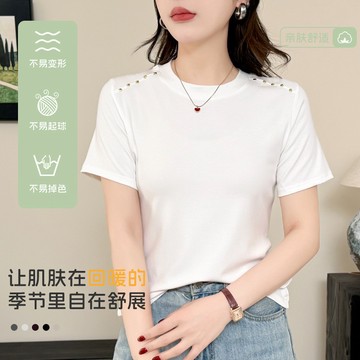 💕甜心大尺碼💕大尺碼短褲  新款春季短袖女t恤金釘扣打底衫修身設計感上衣內搭圓領正肩春裝
