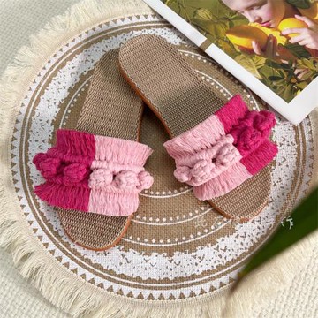 升級版亞麻草編拖鞋macrame手編流蘇居家外出平底拖鞋防滑耐磨鞋