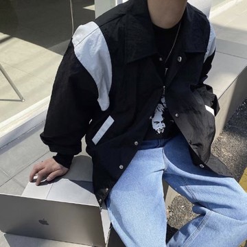 [HYC] 韓國 槍背帶 黑拼白 風衣 教練 外套 夾克 男女款 情侶 排扣 外套 尼龍 防撥水 春夏外套