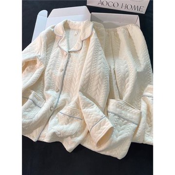 秋冬季空氣棉睡衣女加厚保暖純棉長袖杏色開衫甜美可愛家居服套裝