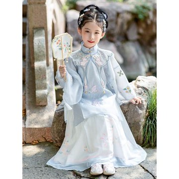 高端漢服女童春秋款超仙明制古裝刺繡兒童云肩古風演出服女孩裙子