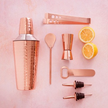 《BarCraft》錘紋雪克杯+調酒工具組-玫瑰金-- 雪克杯 搖酒器 冰塊夾 注酒器 開瓶器 量杯 吧平匙 調酒用具