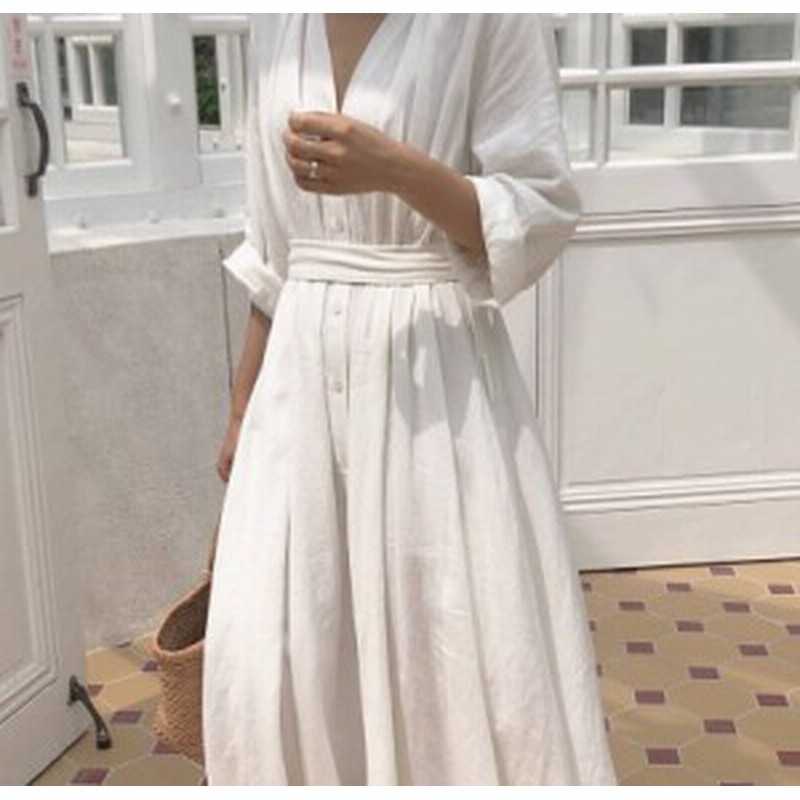 シャツワンピース ロング 大きいサイズ 白 韓国 ファッション Vネック ウエストマーク フレア ハイウエスト リボン ゆったり カジュアル 通販 Lineポイント最大1 0 Get Lineショッピング