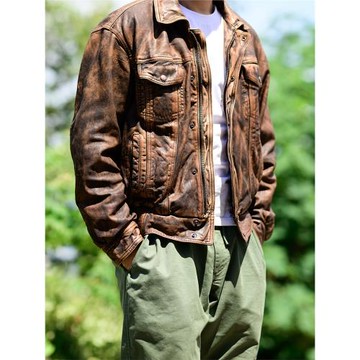 與rrl無關美式復古男款寬松休閑做舊植鞣綿羊皮短款夾克真皮皮衣