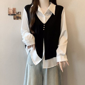 【雅韻衣櫥】 大碼女裝遮肚子假兩件小香風馬甲襯衫女秋季胖mm顯瘦正肩長袖上衣