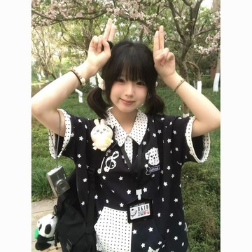 🐻x星星滿印波點POLO領短袖t恤女夏季學院風寬鬆百搭假兩件正肩上衣