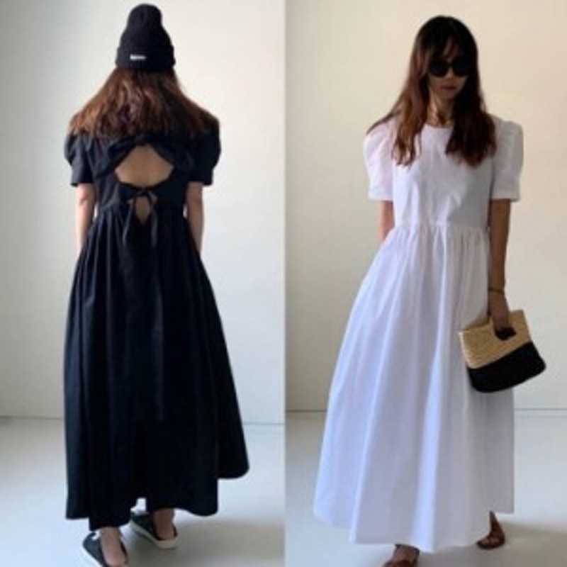 背中開き ワンピース 白 即納 黒 バックオープン 無地 背中リボン 夏服 森ガール 半袖 パワーショルダー パフスリーブ マキシ丈 通販 Lineポイント最大get Lineショッピング