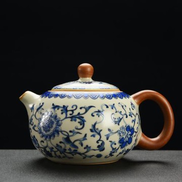 青花米黃汝窯功夫茶具套裝家用泡茶壺高檔茶杯沖茶蓋碗陶瓷公道杯