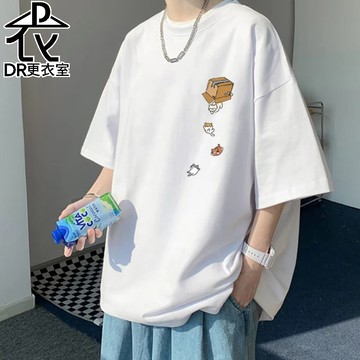 DR更衣室- 男生衣服 簡約小貓插圖印畫短袖上衣 T恤  男裝 五分袖 大尺碼5XL【NL623536】