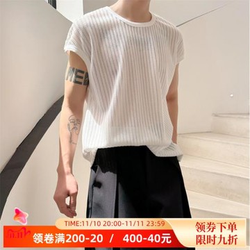 夏季高級感禁欲系鏤空針織背心男韓版薄款抗條設計感透氣無袖t恤