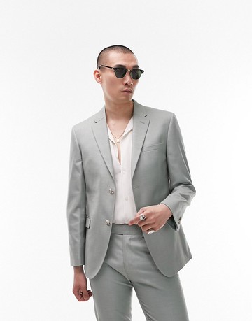 Topman skinny single breasted wedding suit jacket in green