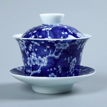 上安堂青花瓷泡茶碗蓋碗茶杯茶碗大號茶具陶瓷白瓷功夫三才碗單個