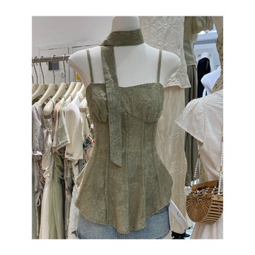高級感綠色無袖吊帶背心女夏季新款法式別致短款外穿收腰內搭上衣