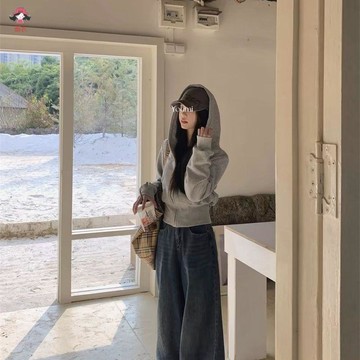 台灣出貨 美式復古灰色連帽衛衣外套女春秋修身小個子短款收腰開衫上衣韓版大學T大學T廣大衛衣女韓版衛衣女慵懶風衛衣