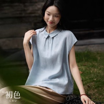 初色 日系簡約純色輕薄娃娃領單排後扣連肩飛袖襯衫上衣女上衣-共3色-13846(M-XL可選)