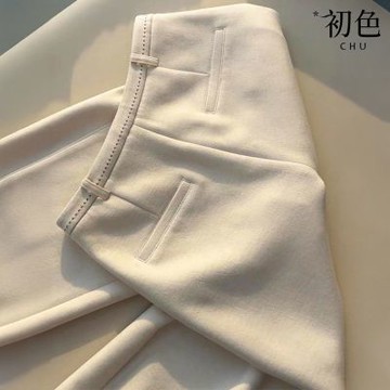 初色 簡約純色口袋寬鬆顯瘦闊腿褲休閒褲寬褲長褲-米白色-17851(M-XL可選)