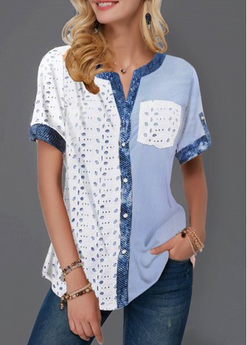 Short Sleeve Button Detail Pierced and Striped T Shirt