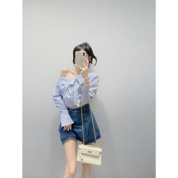 時尚通勤氣質條紋短款襯衫女秋季長袖設計感上衣洋氣減齡防嗮外套