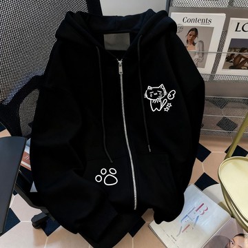 愛依依 衛衣外套 連帽外套 印花上衣 學院風S-2XL新款設計感可愛貓咪圖案開衫運動衛衣外套-9516.