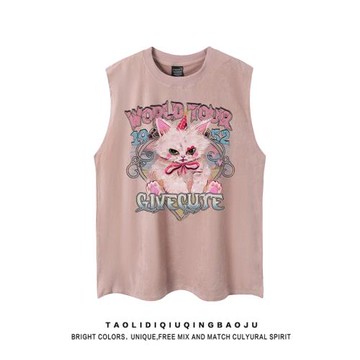 日系卡通貓咪粉色麂皮絨無袖背心女2026新款寬松情侶T恤坎肩上衣