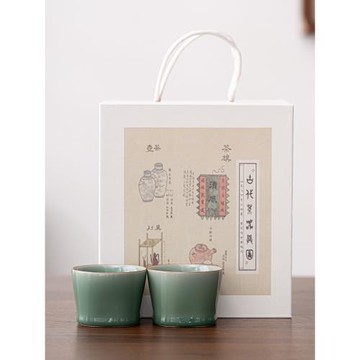 仿古青瓷品茗杯功夫茶具陶瓷對杯中式梅子青大號主人杯茶杯禮盒裝