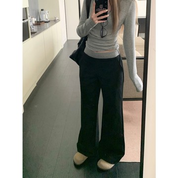 【林木木】黑色長褲 美式復古 腰頭撞色長褲 休閒微喇褲 女生運動長褲 修身長褲 顯瘦 高腰直筒褲