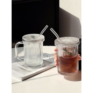 ins風條紋玻璃杯帶蓋吸管杯簡約水杯家用杯子飲料杯牛奶杯早餐杯