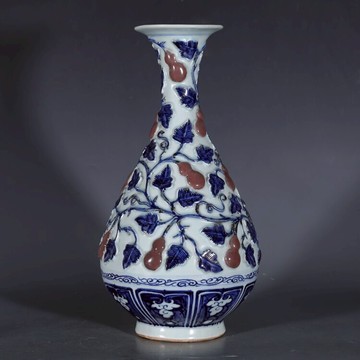 元青花釉里紅雕刻如意玉壺春瓶古董古玩收藏真品包老包真老物件