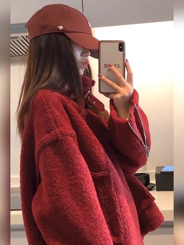 小個子跨年衫短款立領機車服本命年女紅色慵懶風格外套聖誕氣氛外套女聖誕上衣氣質女裝