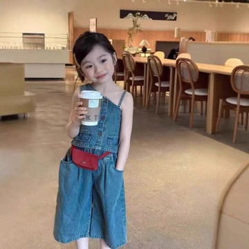 Mini baby🌷女童牛仔吊帶上衣套裝女童韓版牛仔露肩背心闊腿褲兩件套