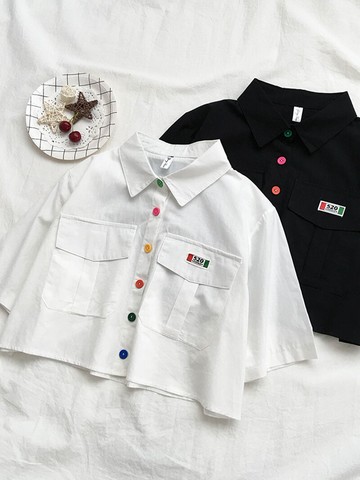 年新款高腰短款上衣服白色襯衫女士夏設計感小眾短袖法式襯衣