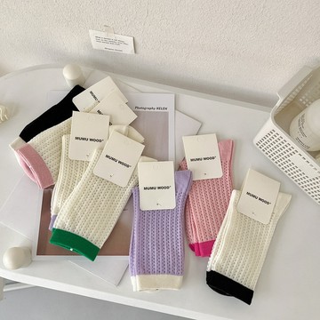 新品 夏天薄款襪子女 中筒襪 ins潮 夏季撞色日系 學生網眼透氣堆堆長棉襪