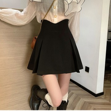 💕甜心大尺碼💕大尺碼 黑色高腰半身裙設計感小眾A字遮跨百褶裙女春季短裙子