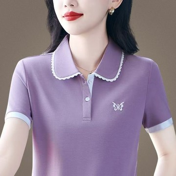夏季翻領小衫 上衣 T恤 小衫 短袖衫 polo衫女短袖夏季翻領T恤洋氣媽媽休閒寬鬆上衣 韓版服飾 大尺碼女裝 夏日服裝