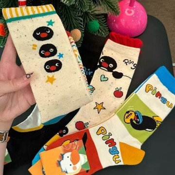襪子 中筒襪 秋冬季 ins 潮卡通 可愛 原創 百搭襪子 女 中筒襪 簡約 小企鵝 中筒襪 不悶腳 學生