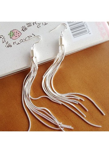 Silver Metal Woman Tassel Decorated Earrings