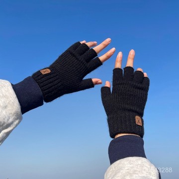 💥台灣出貨💥半指 手套 保暖 半指手套男士秋冬季戶外騎行開車保暖防寒加絨加厚學生女針織露指