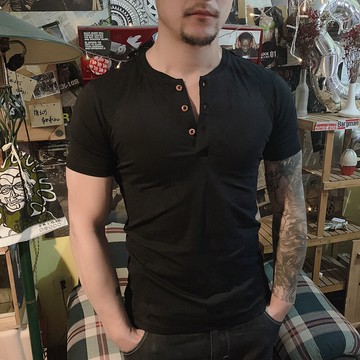 短袖/男裝亨利領開門筒襟薄款硬漢白色純棉黑色彈力修身衫T恤上衣