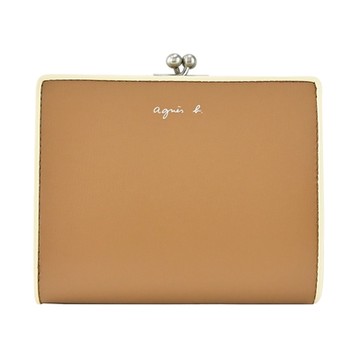 agnes b. 樹紋撞色錢包/外附珠扣錢袋-淺駝