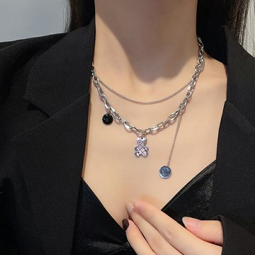 小熊笑臉流蘇吊墜雙層項鏈年新款女夏輕奢小眾設計感鎖骨鏈